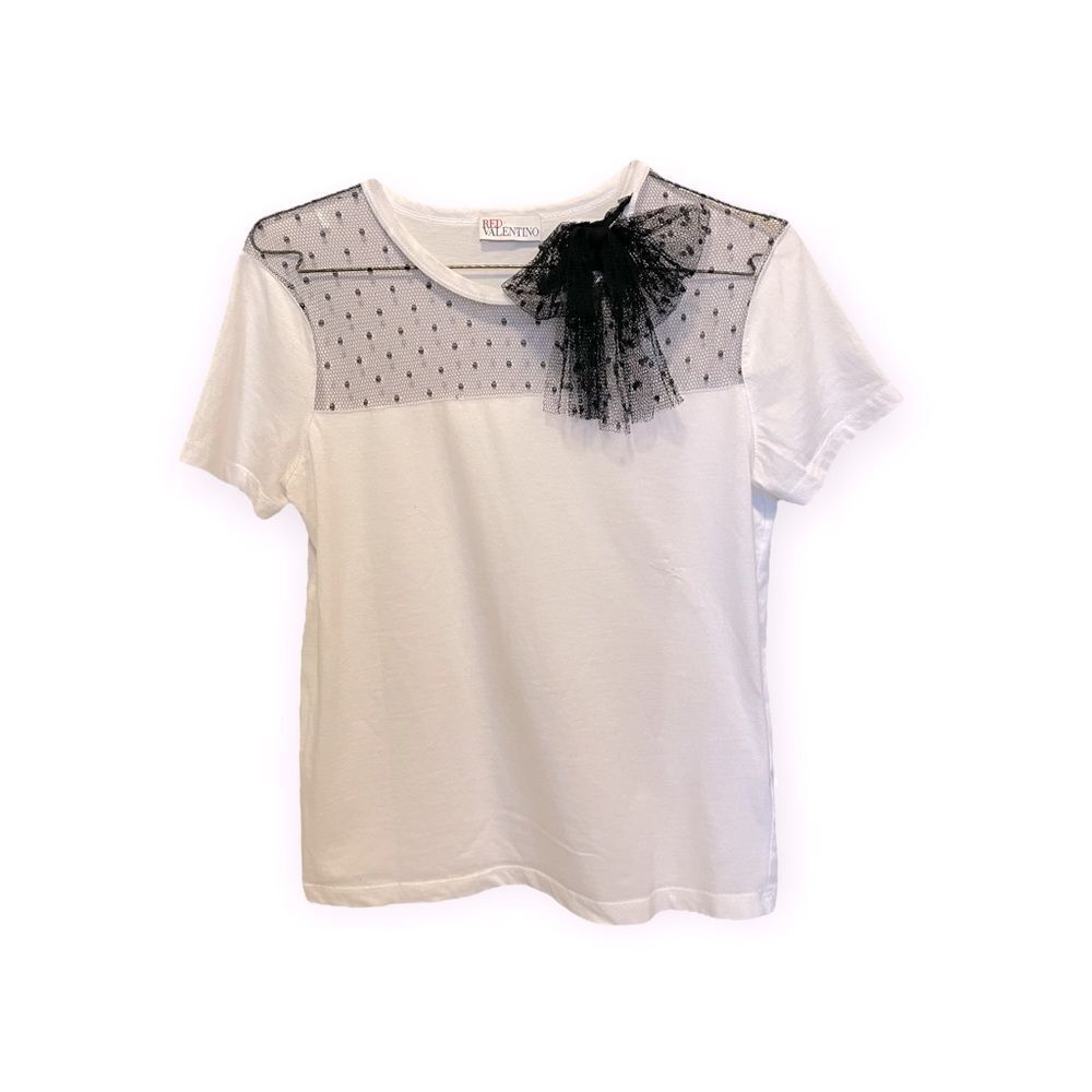 RED VALENTINO Jersey T-shirt W/ Point D'esprit Tulle & Bow Detail In Black |S|